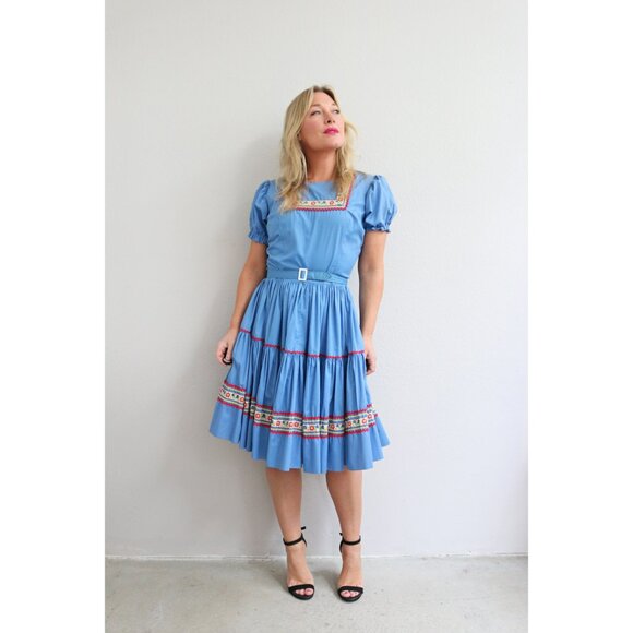 1960's Vintage Folk Embroidered Western Dress ~ Women's Extra Small Small XS SM - Picture 7 of 10